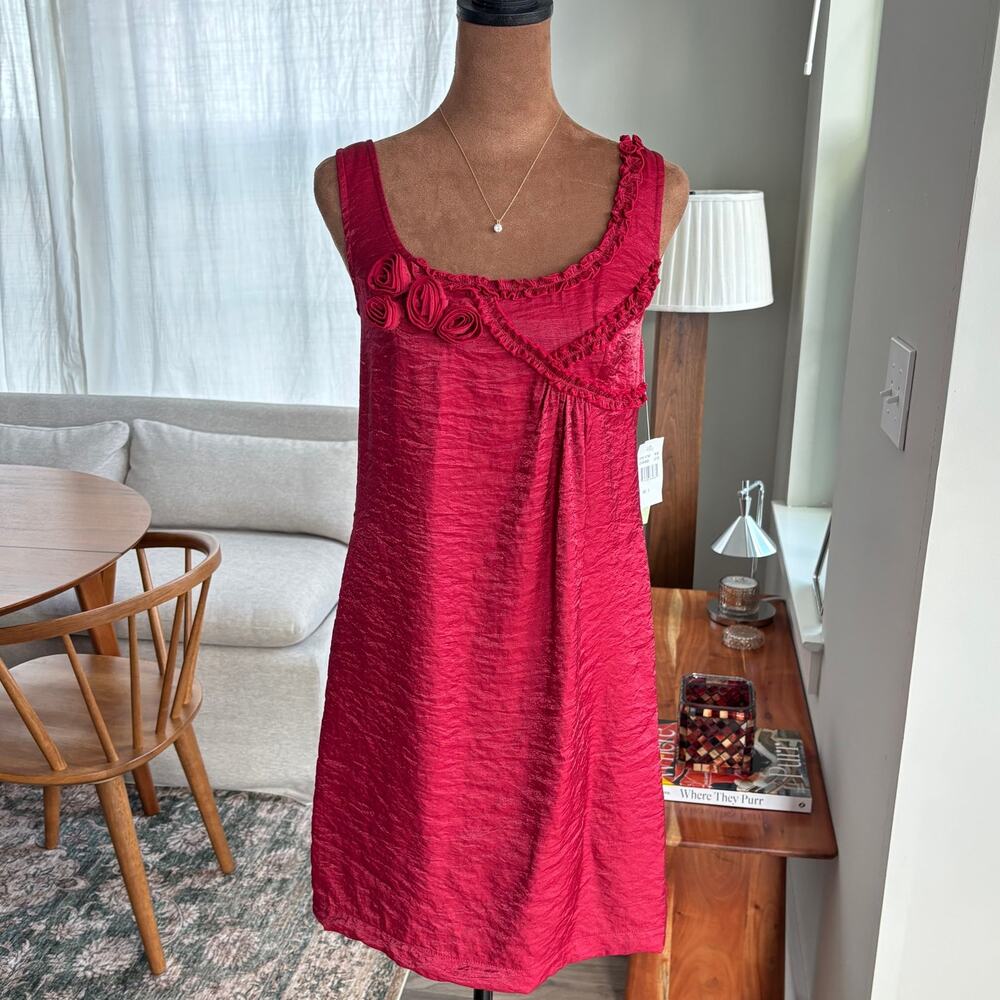 2000s Vintage Johnny Martin Burgundy Crinkle Rosette Cocktail Dress NWT Size 3